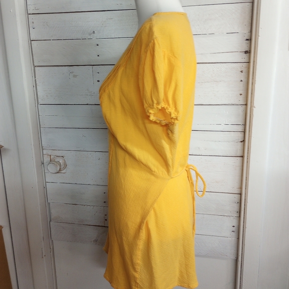 Ashley Stewart 1X Yellow Cotton Boho Tunic Top V-Neck Short Sleeve Blouse - Picture 4 of 13